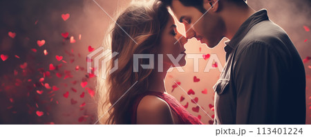 Young couple standing secretly before kissing each other's faces. Concept of Valentine's Day. 113401224