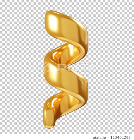 Birthday party popper golden confetti streamer element. 3d render illustration. Surprise or winner congratulation gold serpentine ribbons. Fly and float party decor after explosion of firecracker. 113401292