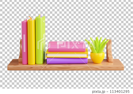 Book stack with hard cover standing and laying, and green flower in pot on wooden shelf. 3D render illustration of literature row with plant on bookshelf with wood texture for reading and education. 113401295