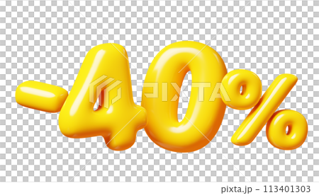 Balloon number minus forty percent sign for sale concept. 3d render illustration of yellow plastic glossy discount typography -40. Cartoon bubble element percentage off for special offer promotion. Balloon number minus forty percent sign for sale concept. 3d render illustration of yellow plastic glossy discount typography -40. Cartoon bubble element percentage off for special offer promotion. 113401303