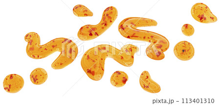 Red hot chili pepper sauce drops, sweet and sour sauce splashes isolated on white background with clipping path 113401310