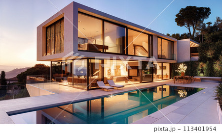 Exterior modern luxury villa with pool Exterior modern luxury villa with pool 113401954