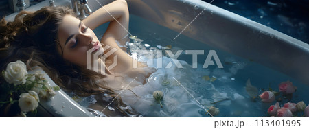 Young woman lying in bathtub 113401995