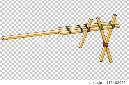 Handmade toy: Colorful rubber band chopstick gun, 3D illustration Handmade toy: Colorful rubber band chopstick gun, 3D illustration 113402463
