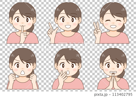 A set of six different expressions and poses of a young woman 113402795