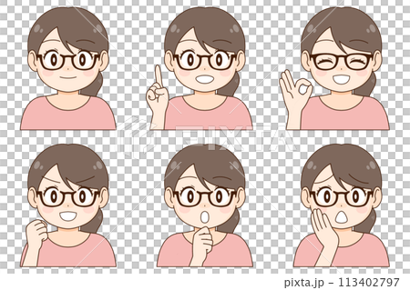A set of six different expressions and poses of a young woman wearing glasses 113402797