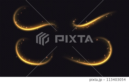 Golden light trails, light in motion, glowing speed lines with sparkles. Bright gold decoration, luminescent swirls. Golden light trails, light in motion, glowing speed lines with sparkles. Bright gold decoration, luminescent swirls. 113403054