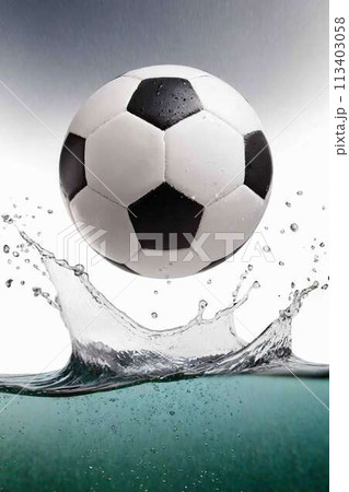 サッカーボールと水飛沫 113403058