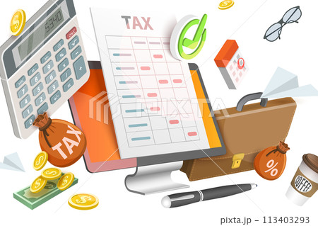 3D  Conceptual Illustration of Tax Calculator 113403293