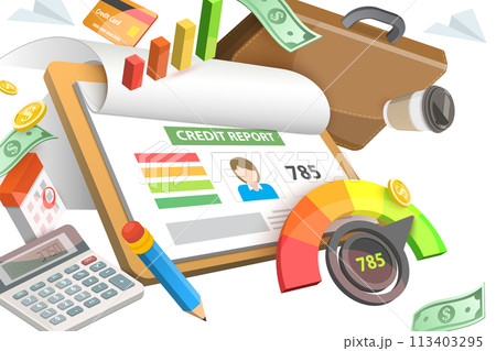 3D  Conceptual Illustration of Credit Score Report 113403295