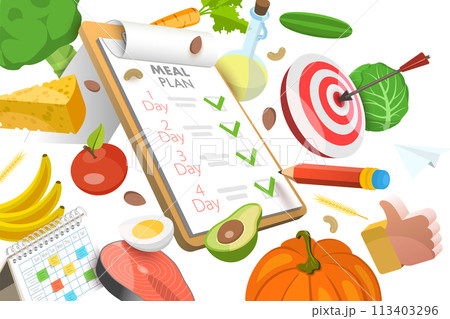 3D  Conceptual Illustration of Diet Plan, Healthy Nutrition Program 113403296
