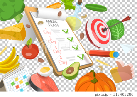 3D  Conceptual Illustration of Diet Plan, Healthy Nutrition Program 113403296