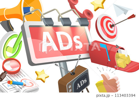 3D Isometric Flat  Conceptual Illustration of Offline Marketing Strategy 113403394