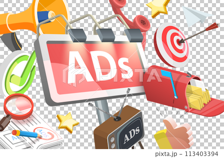 3D Isometric Flat  Conceptual Illustration of Offline Marketing Strategy 113403394