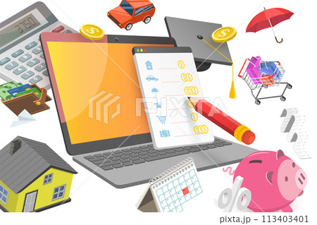 3D Isometric Flat  Conceptual Illustration of Budget Management Software 113403401
