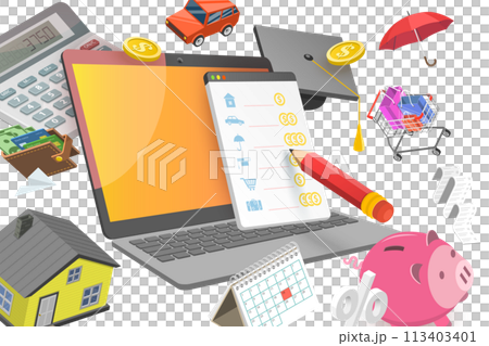 3D Isometric Flat  Conceptual Illustration of Budget Management Software 113403401