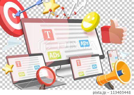 3D Isometric Flat  Conceptual Illustration of Social Display Ads 113403448