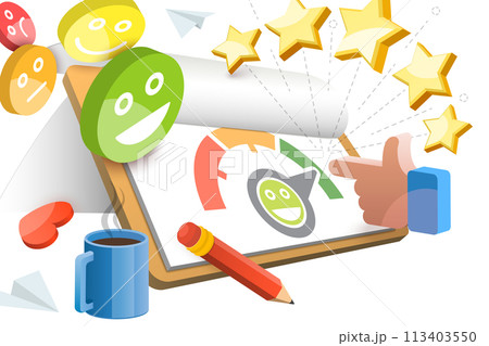 3D Conceptual Illustration of Levels Of Customer Satisfaction 3D Conceptual Illustration of Levels Of Customer Satisfaction 113403550