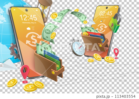 3D Conceptual Illustration of Mobile Money Transfer 3D Conceptual Illustration of Mobile Money Transfer 113403554
