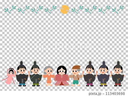 かぐや姫と手を繋ぐ登場人物のフレームイラスト かぐや姫と手を繋ぐ登場人物のフレームイラスト 113403698