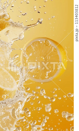 Fresh ripe sliced citrus lemon slices in splashes of water, healthy fruit 113403812
