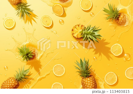 Fresh ripe sliced pineapple in splashes of water, healthy fruit 113403815