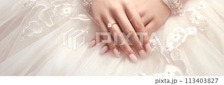 Wedding nail design of the bride, beautiful hands of the bride with well-groomed manicure, banner 113403827