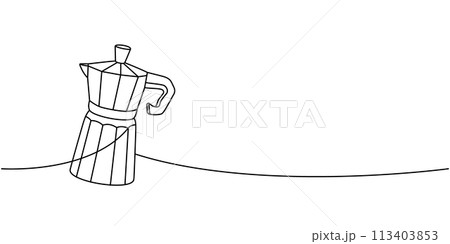 Coffee maker for stovetop one line continuous drawing. Hand drawn elements for cafe menu, coffee shop. Vector linear illustration. 113403853