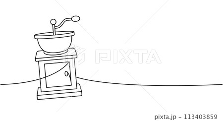 Coffee grinder one line continuous drawing. Hand drawn elements for cafe menu, coffee shop. Vector linear illustration. 113403859