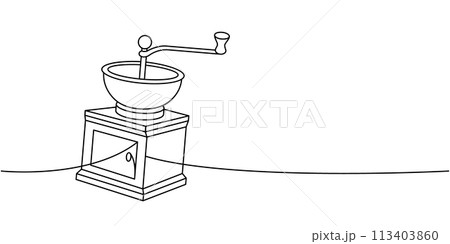 Coffee grinder one line continuous drawing. Hand drawn elements for cafe menu, coffee shop. Vector linear illustration. 113403860