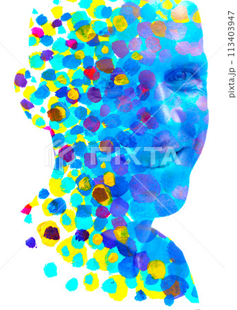 An artistic paintography portrait of a smiling man in double exposure An artistic paintography portrait of a smiling man in double exposure 113403947