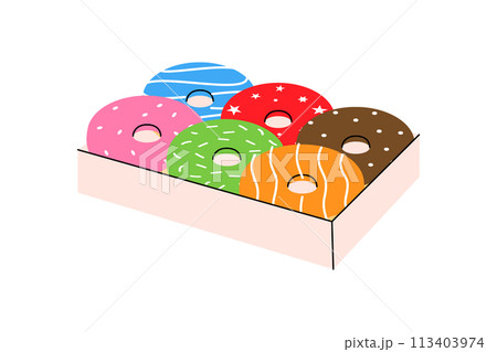 Donuts in open box. Bakery sweet pastry food. Vector illustration. Donuts in open box. Bakery sweet pastry food. Vector illustration. 113403974