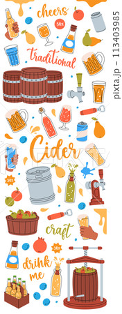 Fruit cider set. Wooden barrels, cans, glasses, mugs, metal keg, bottle opener. Cider process production. Harvest of pears, apples, plums, pomegranate Fruit cider set. Wooden barrels, cans, glasses, mugs, metal keg, bottle opener. Cider process production. Harvest of pears, apples, plums, pomegranate 113403985
