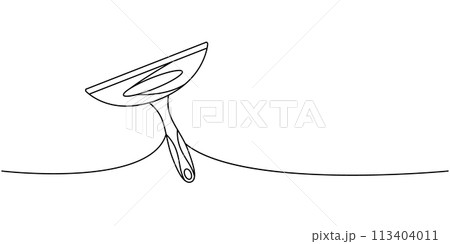 Squeegee cleaning glass one line continuous drawing. Cleaning service tools continuous one line illustration. Vector linear illustration. Squeegee cleaning glass one line continuous drawing. Cleaning service tools continuous one line illustration. Vector linear illustration. 113404011