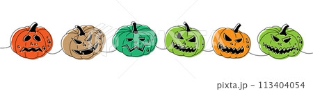 Set of pumpkins scary faces. Halloween pumpkins scary faces one line colored continuous drawing. Halloween vegetables continuous one line illustration Set of pumpkins scary faces. Halloween pumpkins scary faces one line colored continuous drawing. Halloween vegetables continuous one line illustration 113404054