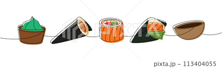 Sushi rolls. Japanese cuisine, traditional food one line drawing. Sake hand roll, sake temaki, philadelphia sushi, soy bowl, vasabi. Sushi rolls. Japanese cuisine, traditional food one line drawing. Sake hand roll, sake temaki, philadelphia sushi, soy bowl, vasabi. 113404055