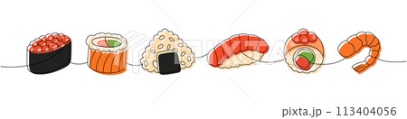 Sushi set. Japanese cuisine, traditional food one line drawing. Ikura sushi, tobiko maki, philadelphia roll, onigiri, sake nigiri, futomaki, shrimp 113404056