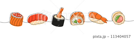 Sushi and rolls set. Japanese cuisine, traditional food one line drawing. Ikura sushi, tobiko maki, sake nigiri, shrimp, philadelphia roll, futomaki Sushi and rolls set. Japanese cuisine, traditional food one line drawing. Ikura sushi, tobiko maki, sake nigiri, shrimp, philadelphia roll, futomaki 113404057