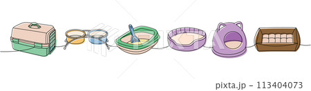 Pet supplies. Carrying case, dogs bowl, pet toilet, cat litter box, pets bed, cushion pillow sleep, dog house continuous one line illustration. Pet supplies. Carrying case, dogs bowl, pet toilet, cat litter box, pets bed, cushion pillow sleep, dog house continuous one line illustration. 113404073