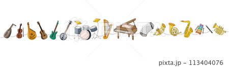 Set of musical instruments. Lute, violin, bandura, acoustic guitar, electric bass guitar, american banjo, drum kit, lyre, wooden harp, grand piano. Set of musical instruments. Lute, violin, bandura, acoustic guitar, electric bass guitar, american banjo, drum kit, lyre, wooden harp, grand piano. 113404076