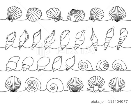Scallop sea shells set. Sea shells, mollusks, scallop, pearls. Tropical underwater shells continuous one line illustration. 113404077