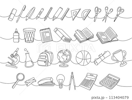 School supplies collection one line continuous drawing. Pencil, paper clip, eraser, diploma, trophy, schoolbag, globe, scissors, ruler, calculator 113404079