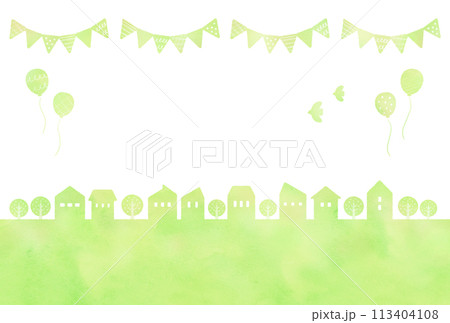 水彩風　緑の街並みシルエット 113404108