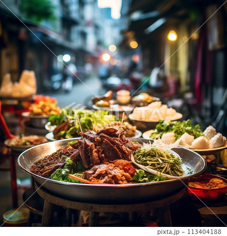Bustling street in Hanoi's vibrant street food scene 113404188