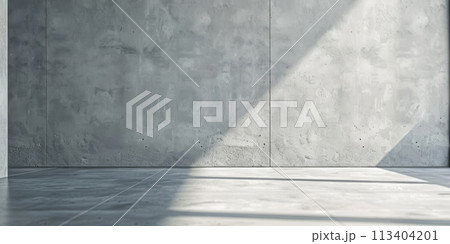Grey textured concrete wall with tiled floor 113404201