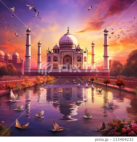 Merging Ancient Wonders with Modern Enchantment - Taj Mahal in a Futuristic Cityscape 113404232