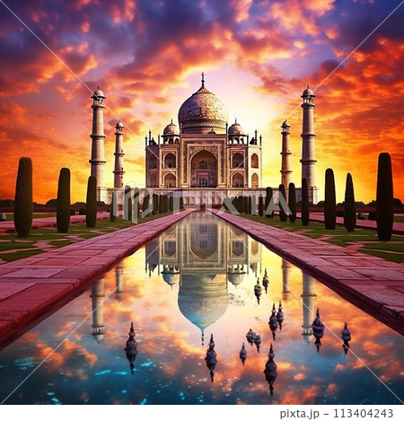 Merging Ancient Wonders with Modern Enchantment - Taj Mahal in a Futuristic Cityscape 113404243