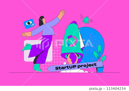 Startup project concept in modern flat design for web. Woman entrepreneur creating and launching new business, investing in company. Vector illustration for social media banner, marketing material. 113404254