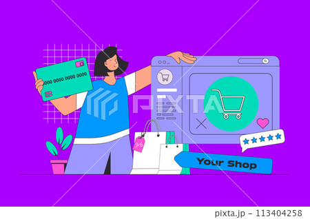 Shopping concept in modern flat design for web. Woman making purchases online, ordering products, paying with credit card, gets gifts. Vector illustration for social media banner, marketing material. Shopping concept in modern flat design for web. Woman making purchases online, ordering products, paying with credit card, gets gifts. Vector illustration for social media banner, marketing material. 113404258