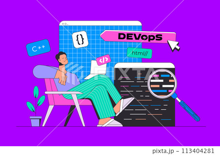 Development concept in modern flat design for web. Developer programming software, monitoring DevOps, engineers project communication. Vector illustration for social media banner, marketing material. 113404281